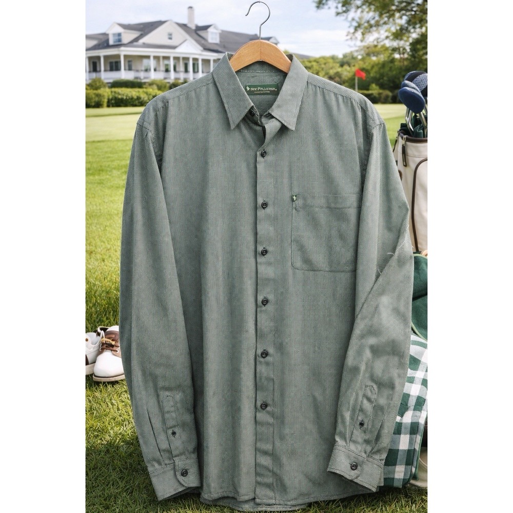 Bert Pulitzer Button Down Mens Large Green Excellent Micro Check Long Sleeve
